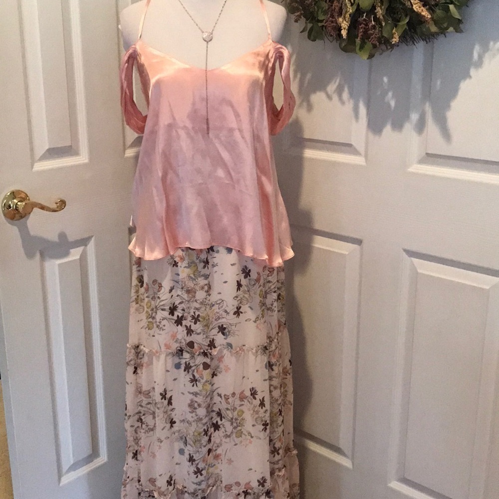 TopShop light peach silky shoulder baring top